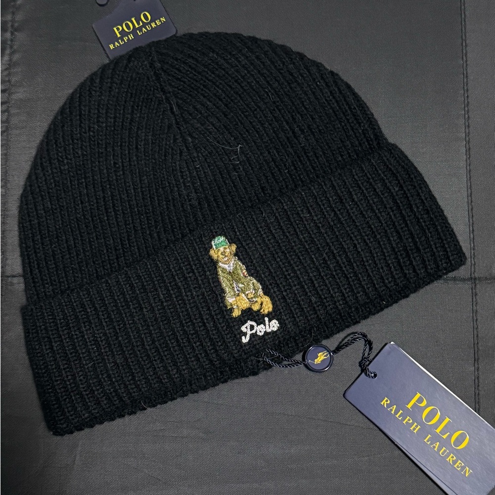 NWT Polo Ralph Lauren Black Beanie with dog Embroidery